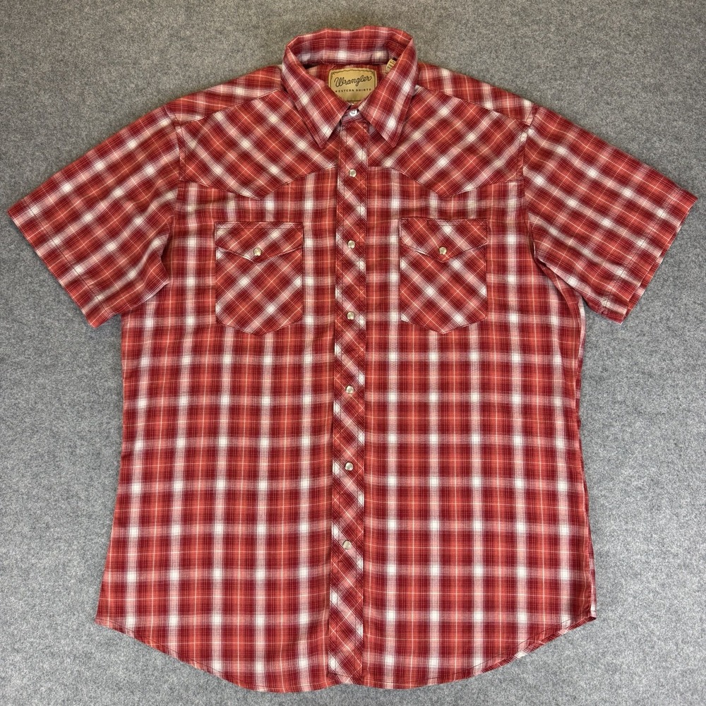 Wrangler Western Shirt Mens L Large Red Plaid Short Sleeve Pearl Snap Casual